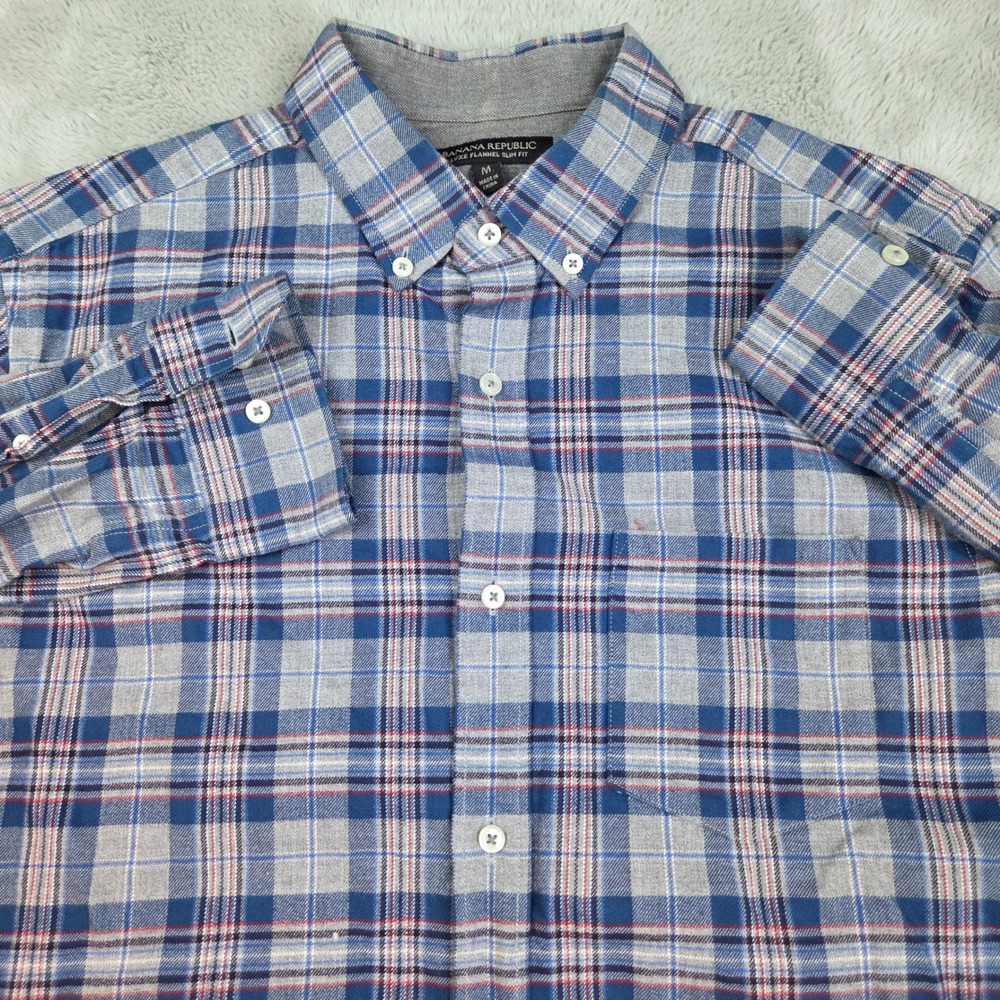 Banana Republic Shirt Mens M Luxe Flannel Slim Fit Plaid Blue Grey 100% Cotton